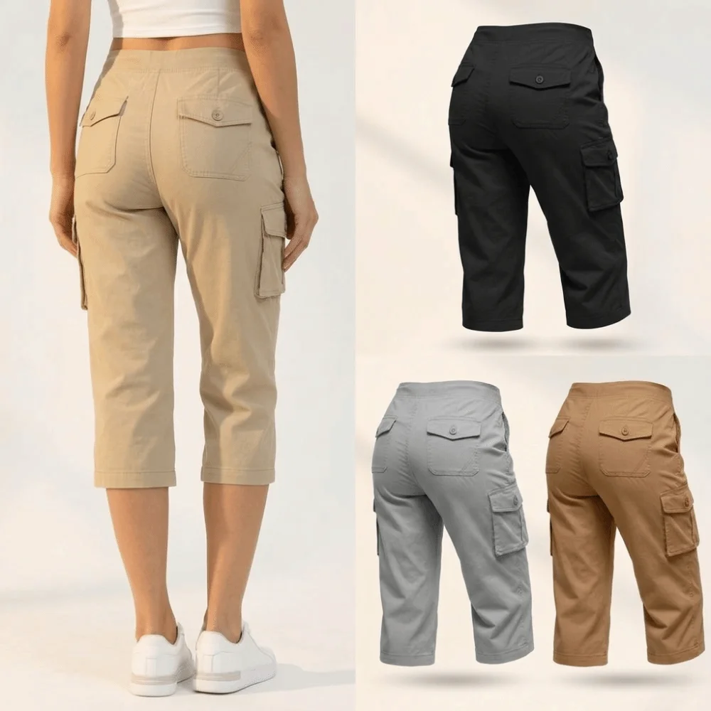 Quick Dry Fabric Women’s Hiking Pants Elastic Waistband Lightweight Feel Capri Pants Relaxed Fit Multiple Pockets Cargo Pants