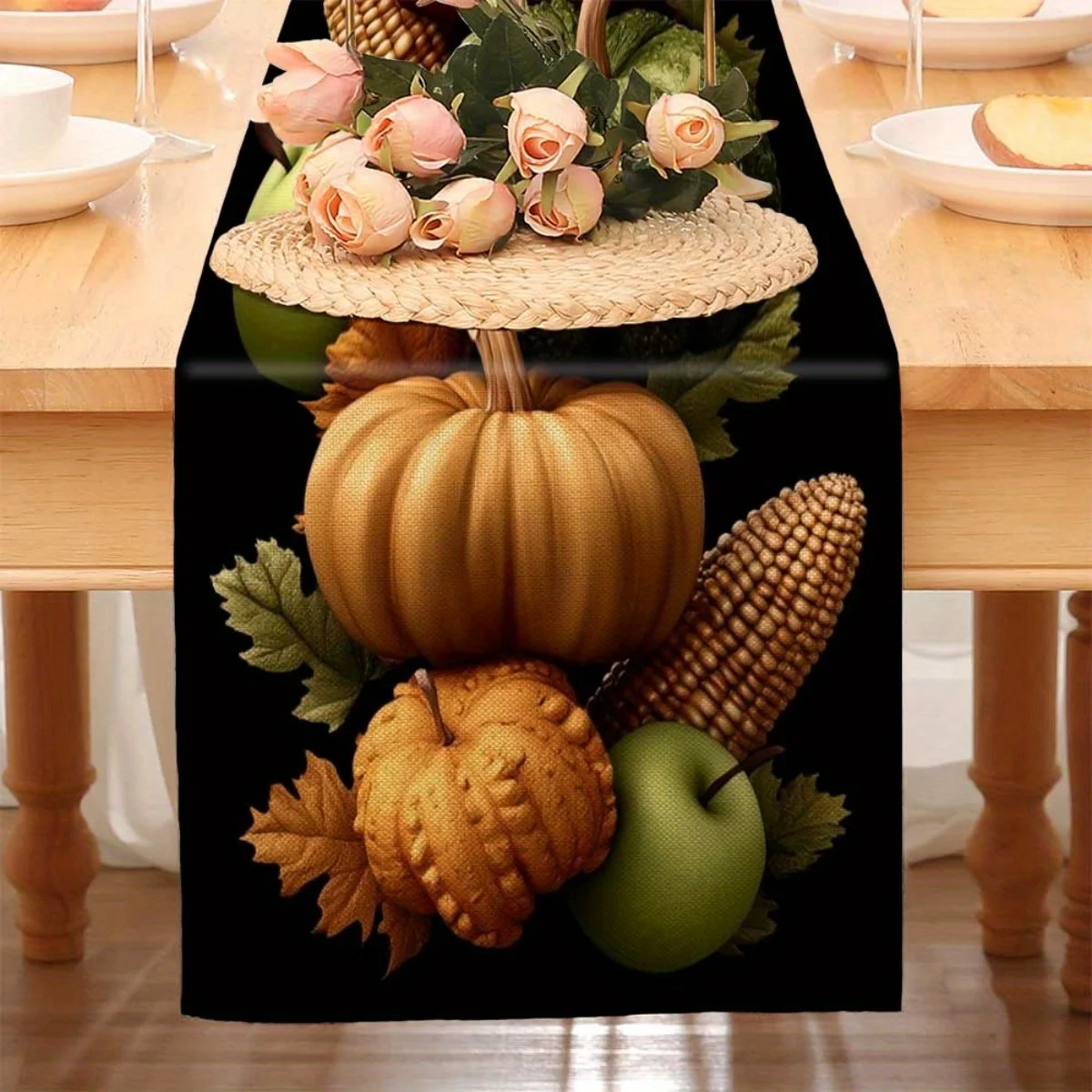 1 Piece of Autumn Harvest Table Runway - Pumpkin Apple Corn Leaf Design on Black Background, Suitable for Restaurants, Homes, Cafes, Handmade Markets, and Soft Decoration Displays.