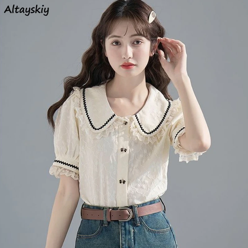 

Peter Pan Collar Shirts Women Lace Single Breasted Short Sleeve Japanese Style Sweet Kawaii Girls Age-reducing Simple Stylish