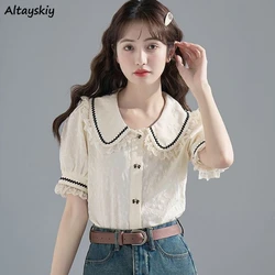 Peter Pan Collar Shirts Women Lace Single Breasted Short Sleeve Japanese Style Sweet Kawaii Girls Age-reducing Simple Stylish