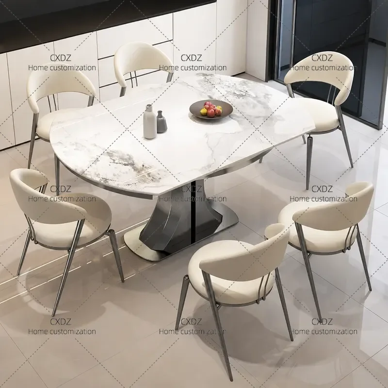 Retractable Rock Slab Dining Table Modern Simple Light Luxury Variable Round Table for Small Apartment with Chairs
