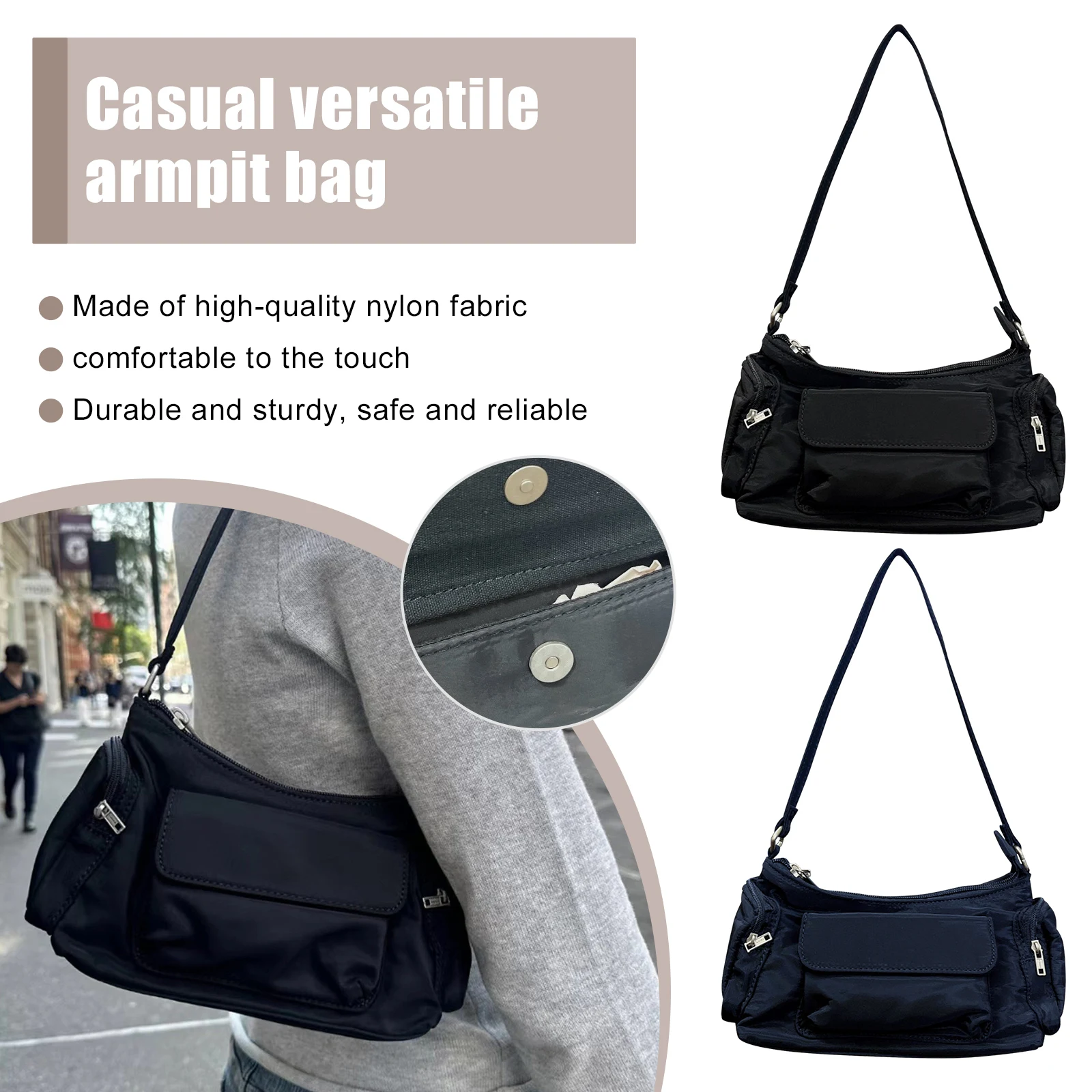 

Women Nylon All-Matching Underarm Bag Casual Trendy Hobo Handbag Lightweight Retro Korean Styles for Daily
