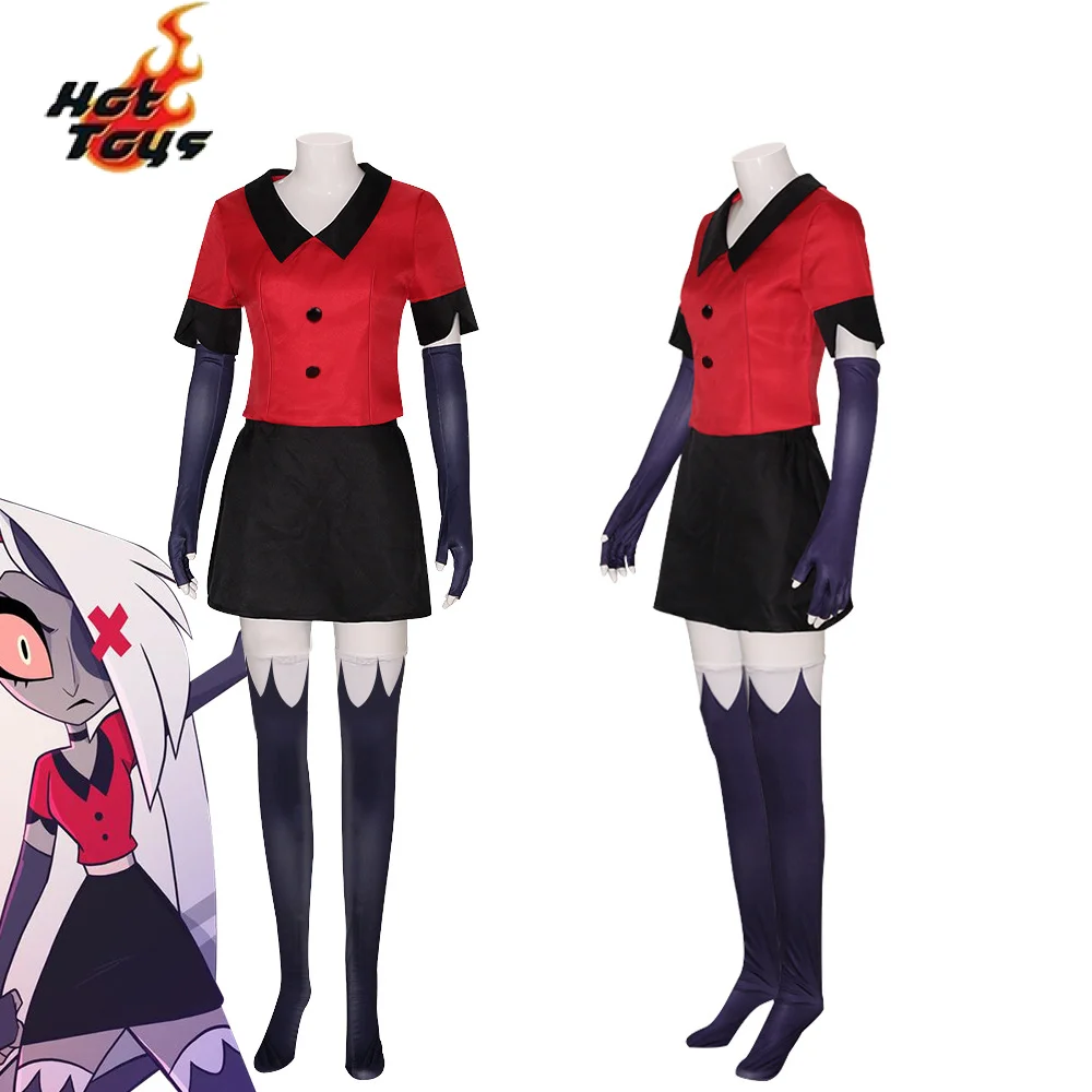 Vaggie Cosplay Costume Haz bin Cos Hotel Red Uniform Top Skirt Gloves Socks Full Set Suits for Adult Halloween Party Fancy