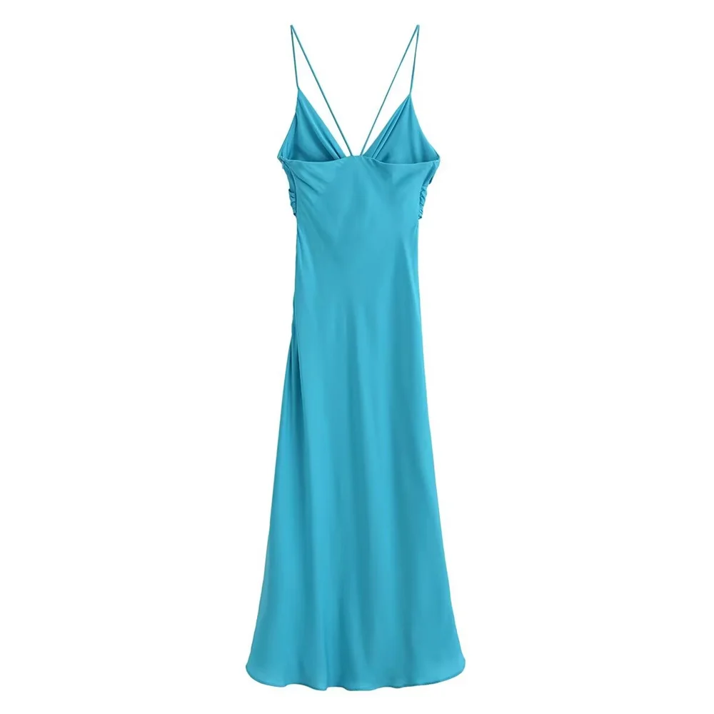 فستان نسائي صيفي جديد بقصة ضيقة وحزام نحيف ورقبة على شكل حرف V بتصميم مفتوح من الساتان والحرير #3