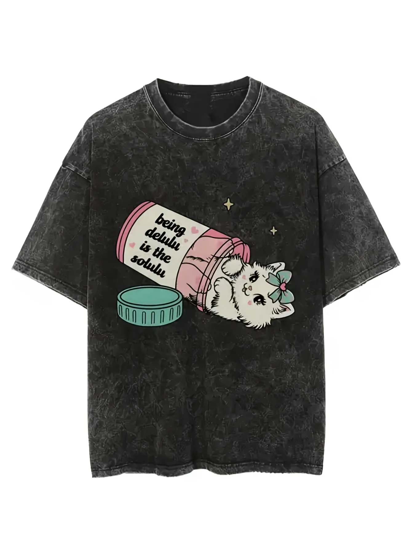 Beingdeluluis 250g T-Shirt - Vintage White Cat Powder Bottle Print, Retro Loose Fit Unisex Shirt, Washed Texture Fabric Suitable for Daily Casual Wear, Masquerade Parties, and Various Outfits