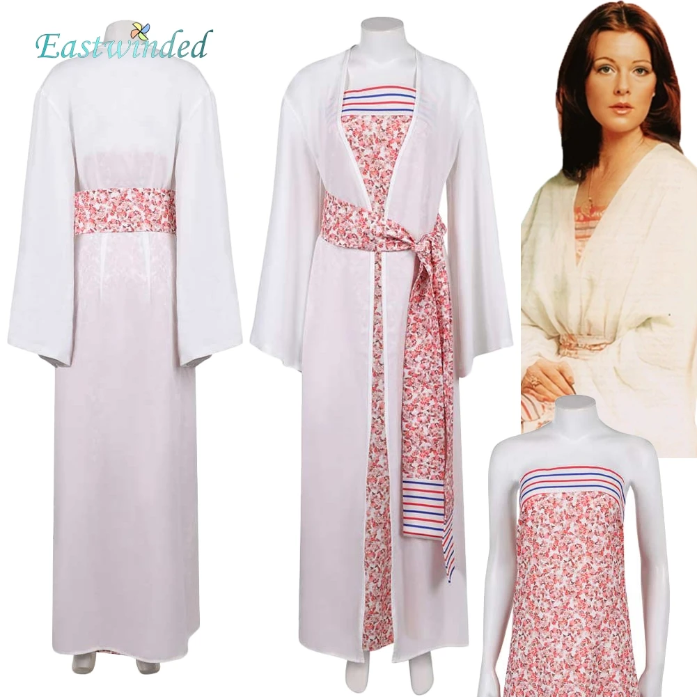 

Band ABBA Anni-Frid Cosplay Printed Dress Belt Outfits White Gauze Coat Women Roleplay Costume Hallowmas Carnival Party Suits