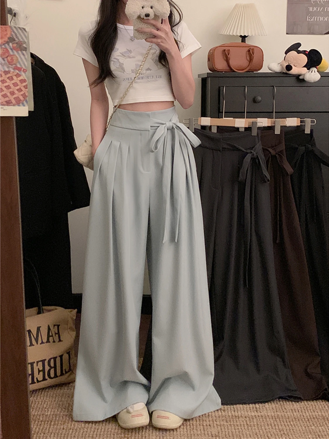 

Spring 2026 High Waist Wide Leg Pants Women's Belted Straight Casual Trousers Floor-Length Suit Pants Slimming Effect