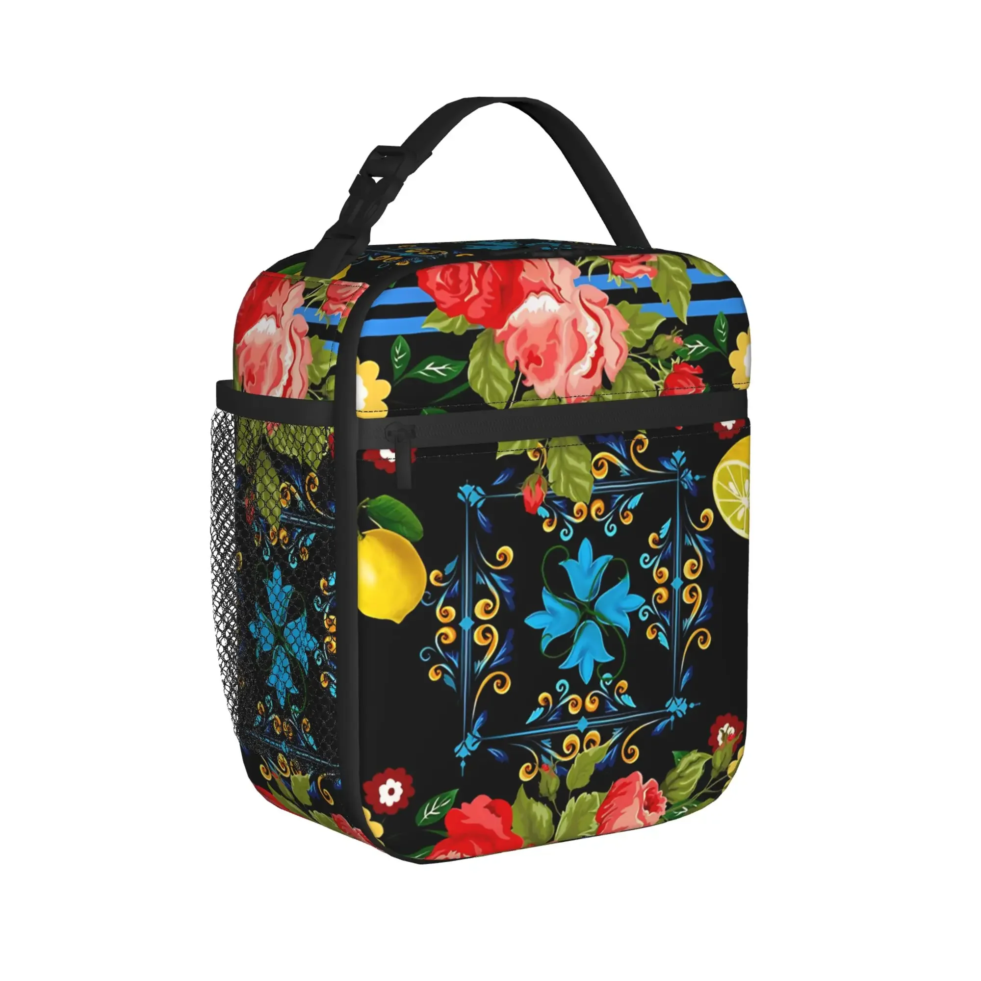 Blue Ornate Floral Lunch Bag  Convenient Lunch Box Women Picnic Designer Cooler Bag Casual Waterproof Thermal Lunch Bags