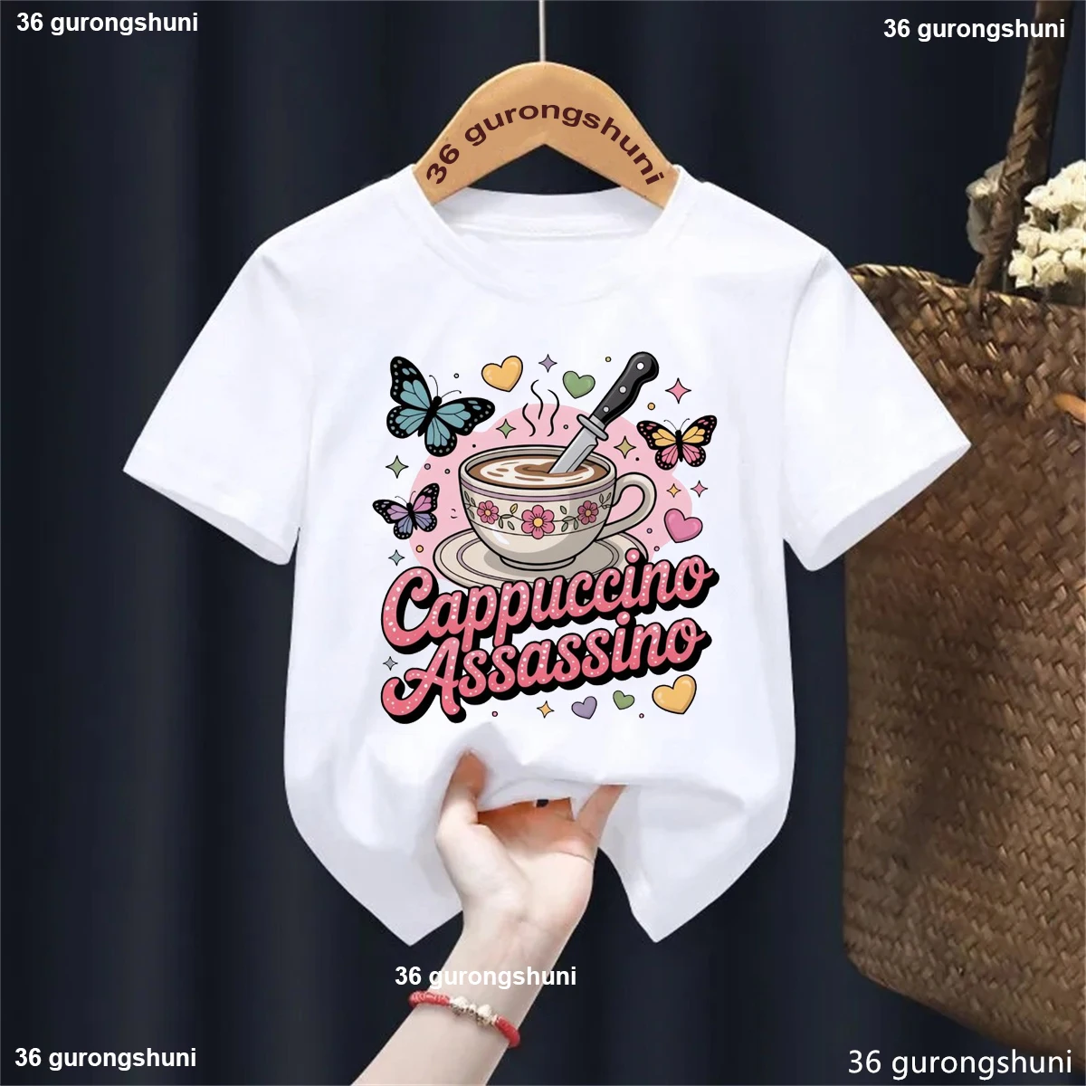 Cappuccino Assassino Butterfly Hearts Printed Tshirt Girls Cool Funny Toddler Kids Clothes Summer Tops Fashion Soild T-Shirt
