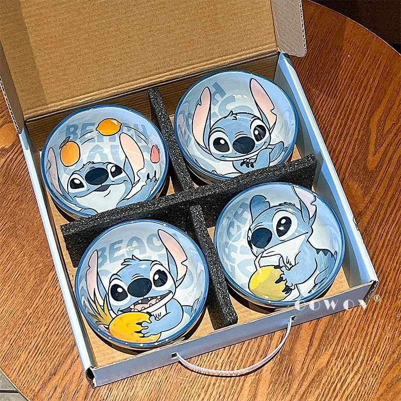 

4pcs Disney Stitch Anime Cartoon Home Rice Bowl High Temperature Resistance Ceramic Tableware Set Gift Box Birthday Gift