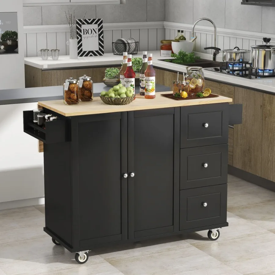 

Rolling Mobile Kitchen Island with Solid Wood Top and Locking Wheels 52.7 Inch Width Storage Cabinet and Drop Leaf Breakfast Ba