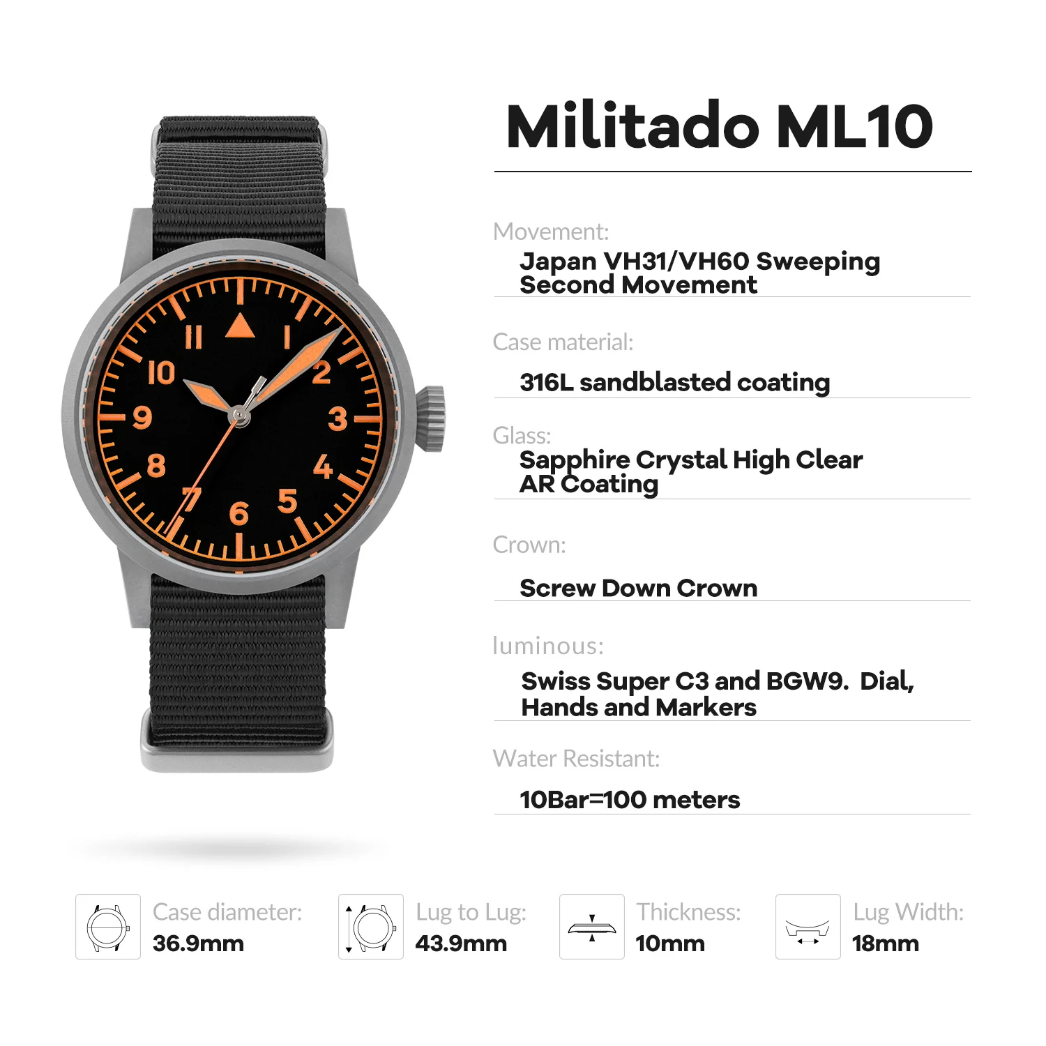 Militado Ml10 V2 37Mm Vintage Quartz Watches VH31 VH60 Movement Sapphire Crystal Swiss Super C3 BGW9 100M Waterproof Wrist Watch
