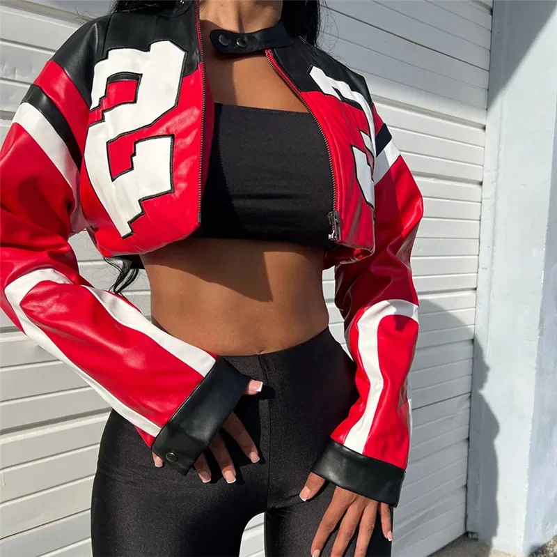 

Varsity Jacket Letter Embroidery Color Patchwork PU Leather Coat Women Fashion Long Sleeve Zipper Crop Coat Casual Streetwear