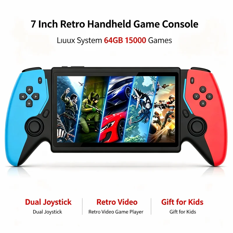 7 Inch IPS Screen Retro Handheld Game Console Linux System 64GB Dual Joystick Portable Video Game Player Support 30+ Emulators