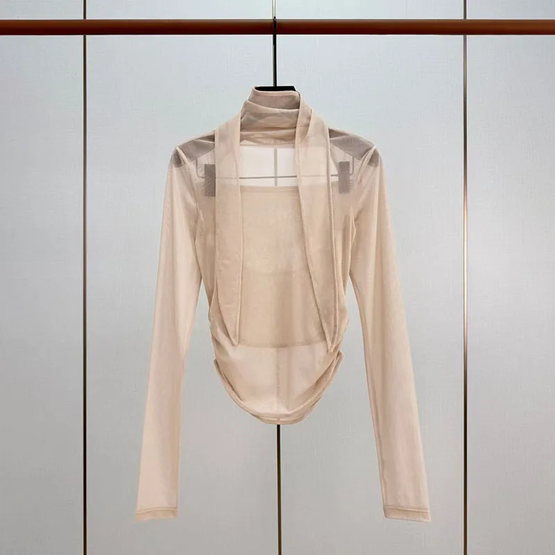 Women's Scarf-Neck Tank Top, Long-Sleeve Fitted Top, High-Quality Mesh T-Shirt, 2026, New Arrival, Y2K, Corset