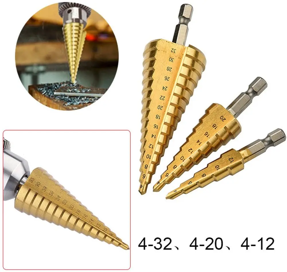 3 HSS Titanium Mũi 4-12-20 4-32 Khoan Điện Dụng Cụ Kim Loại Cao Cấp thép Gỗ Lỗ Cắt Hình Nón Mũi Khoan