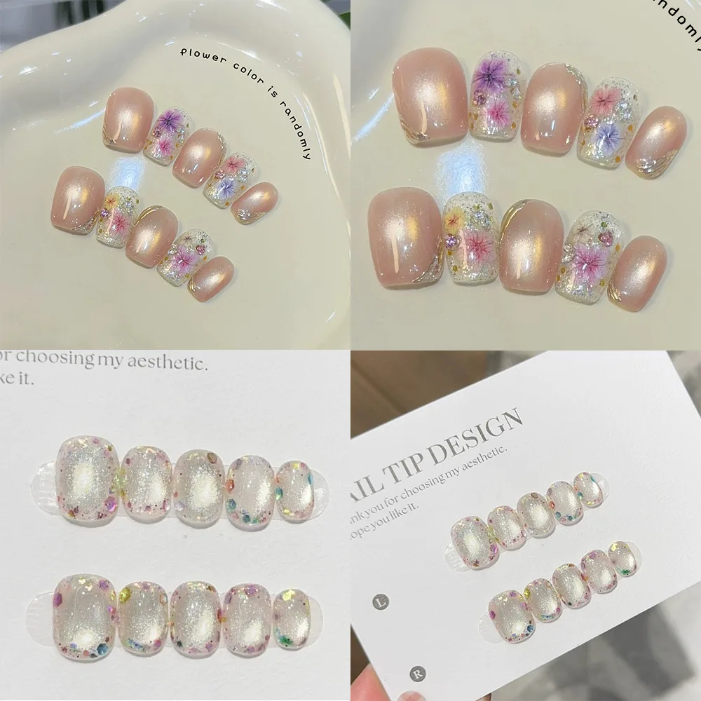 10Pcs High-end Handmade with Diamonds Chic Pink Flower Press on Nails Sweet Cat Eye Nail False Nail Wearable Dopamine Nail Patch