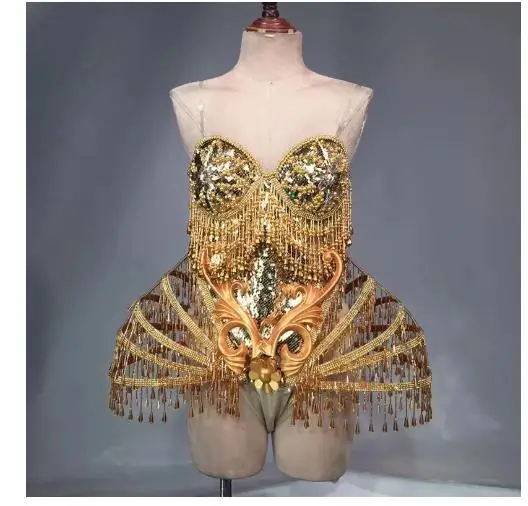 

Gold Sexy Crystal beads Bodysuit Dress Stage Performance Bling Dresses Dance Wear Nightclub Shining Costume Outfit