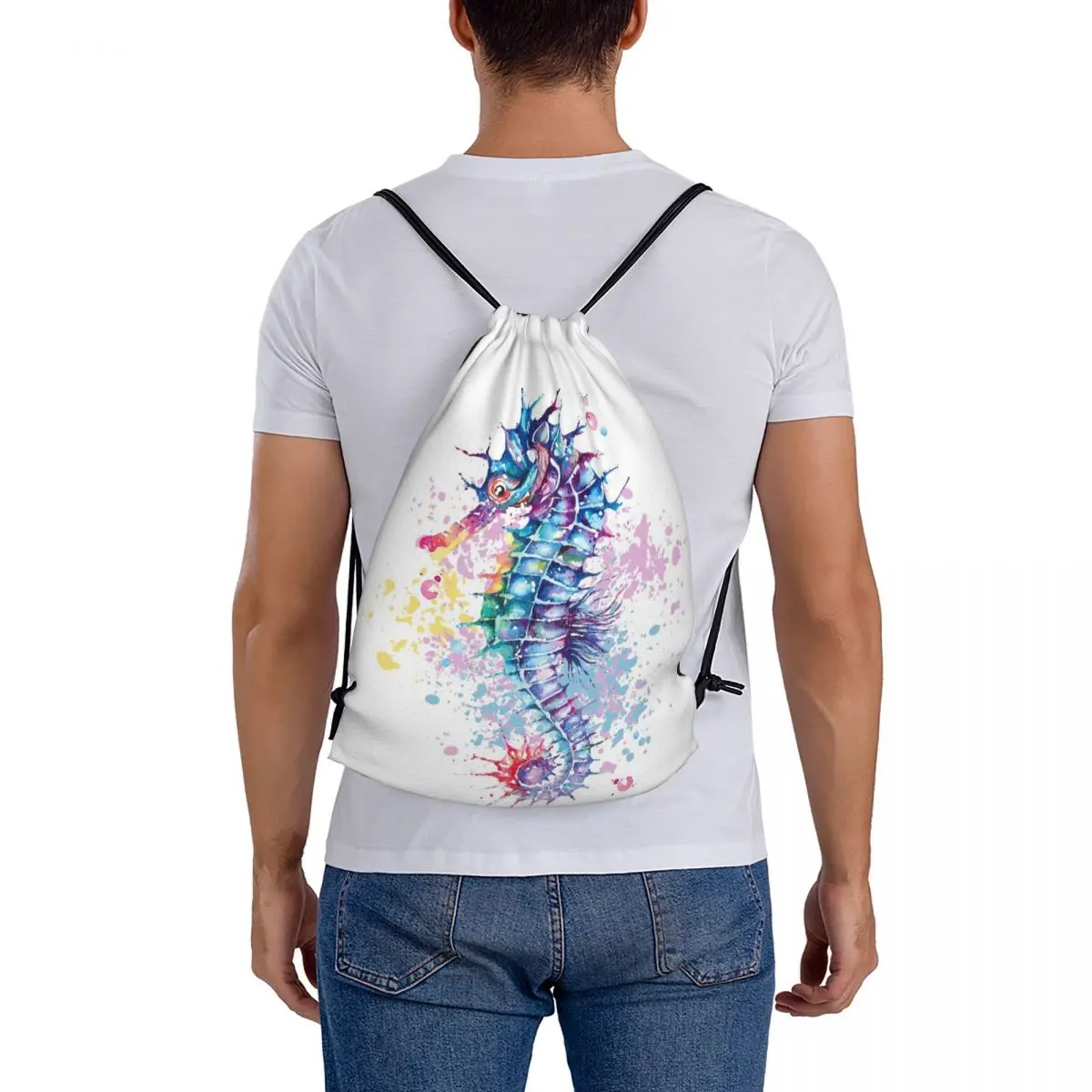 Watercolour Artwork Of Sea Horse Backpacks Drawstring Bags Drawstring Bundle Pocket Sundries Bag Book Bags For Man Woman School