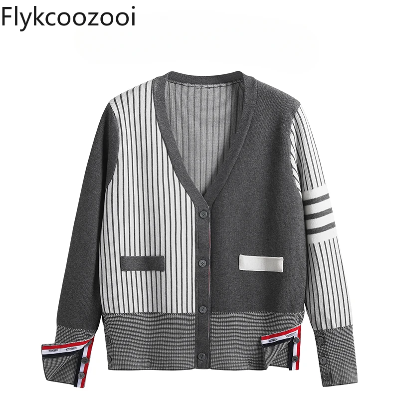 Striped Knit Cardigan Women Spring and Autumn New TB Korean Version of College Style V-neck Loose Long-sleeved Sweater Coat