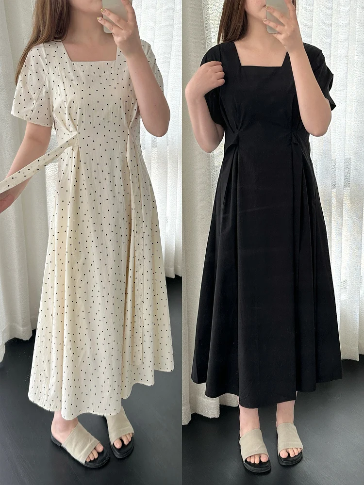 

plus Size Polka Dot Midi Dr Square Collar Belted Waist Concealing Cotton Bubble Sve High Waist A-Line Skirt Women's Dr