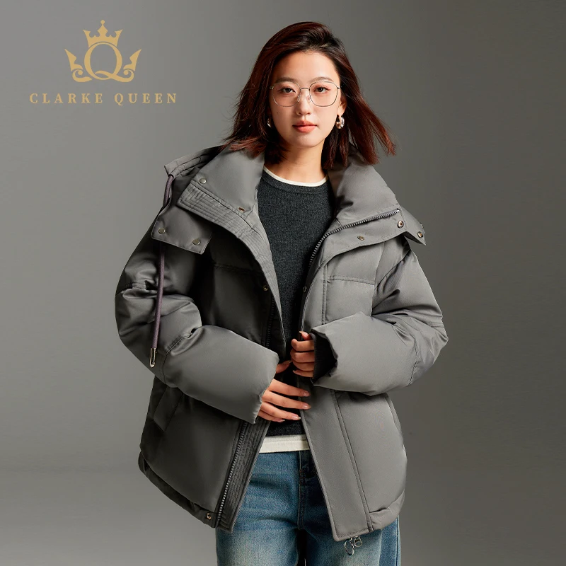 

CLARKE QUEEN 95% куртка на гусином пуху, женская короткая трехстойкая зимняя новая свободная куртка с капюшоном, простой пуховик