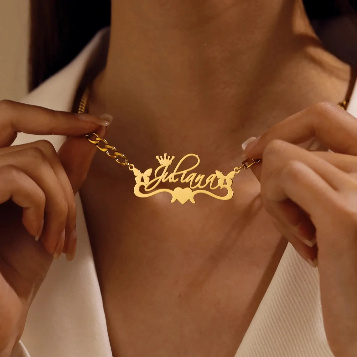 Personalized Custom Name Necklace Stainless Steel for Women Butterfly Crown Pendant 4mm Cuban Chain Collar Birthday Jewelry Gift