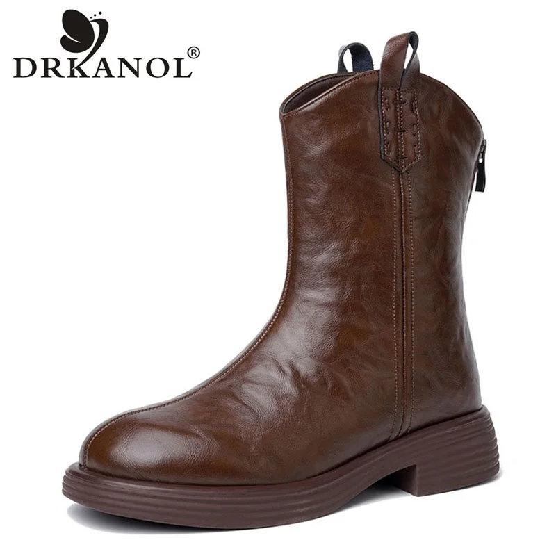 DRKANOL 2024 Big Size 35-42 Winter Wool Warm Boots Women Round Toe Real Cowhide Back Zipper Thick Heel Mid Calf Chelsea Boots