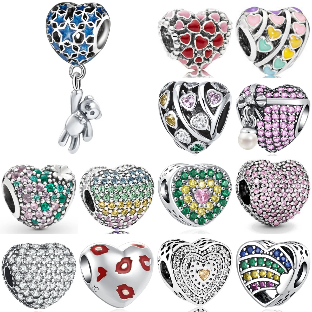 New 925 Sterling Silver Romantic Pink Heart Little Bear Lip Print Charm Of Chain Beaded Fit Original Bracelet DIY Ladies Jewelry
