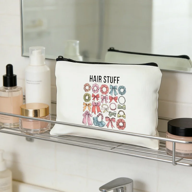 Summer Hair Stuff Bow Print Makeup Bag, Portable Zipper Pouch, Travel Toiletry Bag, Girly Style Hair Tie and Hair Clip Organizer