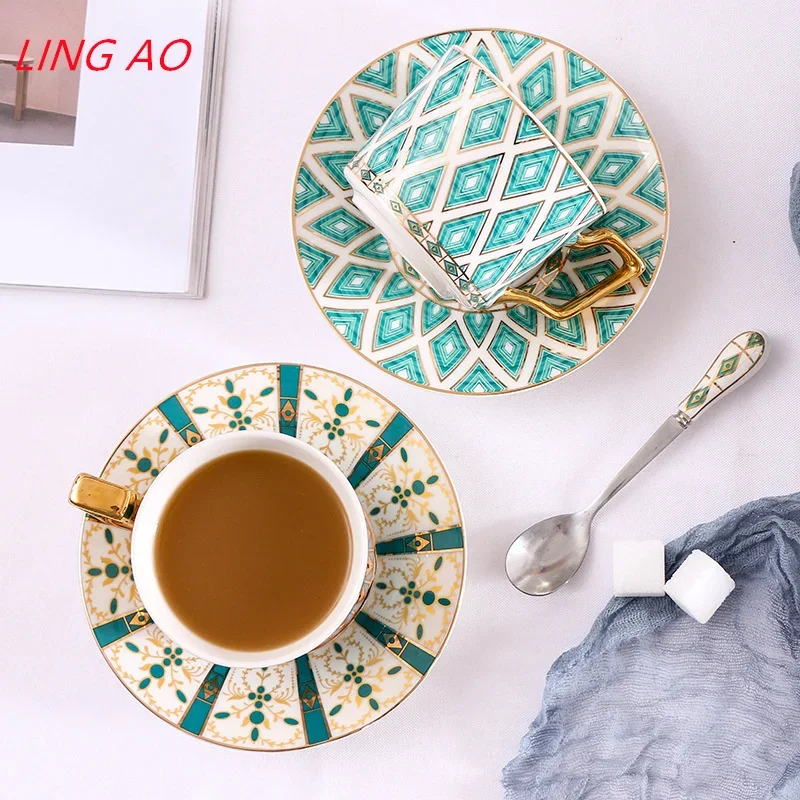 LingAo   European creative ceramic coffee cup and saucer English afternoon tea set with tray and spoon