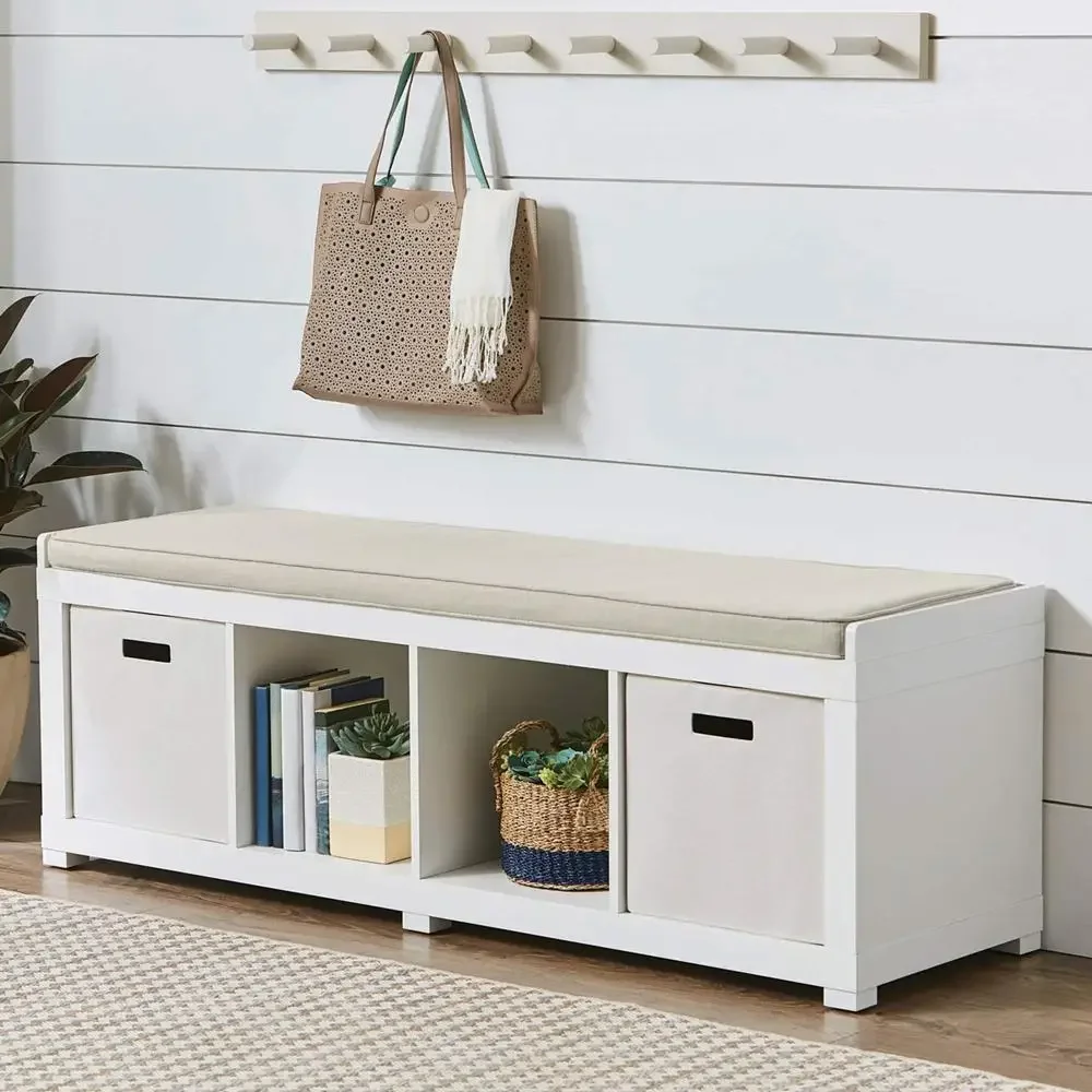 White Storage Bench Organizer Seat 4-Cube Shoe Storage Solution Soft Cushion Strong Capacity Ideal Hallway Living Room Playroom