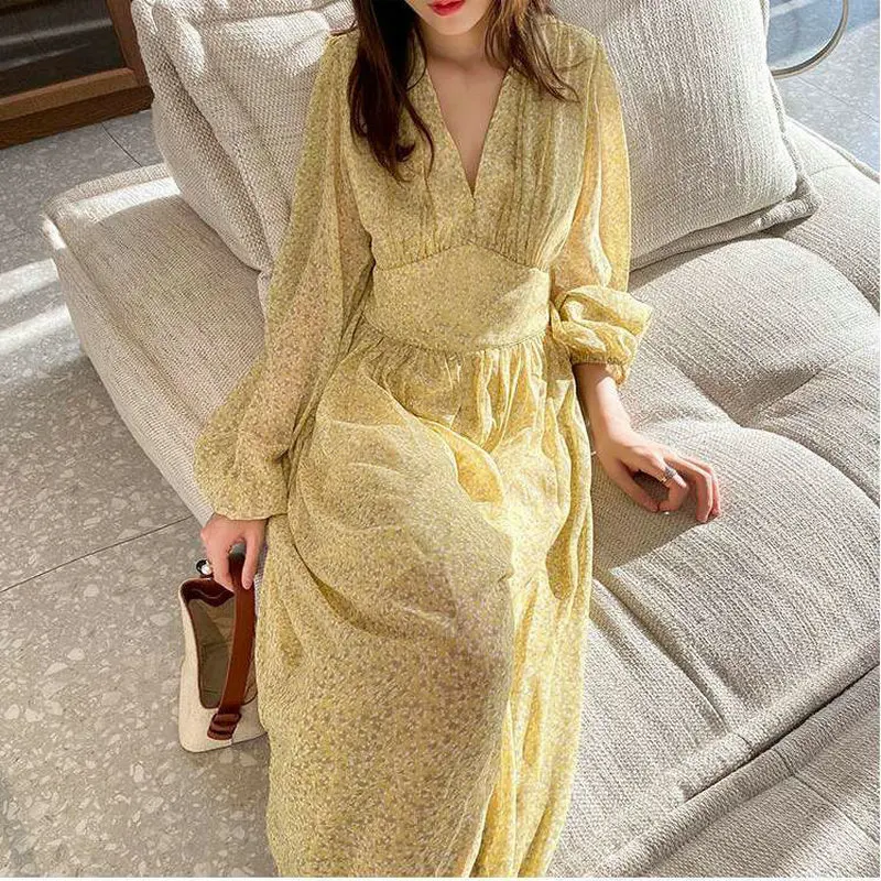 

Midi-Length Floral Chiffon Dress Vestidos 2024 New Spring fall Long-Sleeved High-Waisted Loose Dig Yards Retro French Dresses