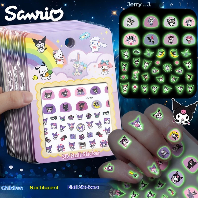 5pcs/Set Sanrio Hello Kitty  Melody Kuromi 3d Luminescence Nail Stickers Nail Art Press On Nails Decoration Anime Nail Art Decal