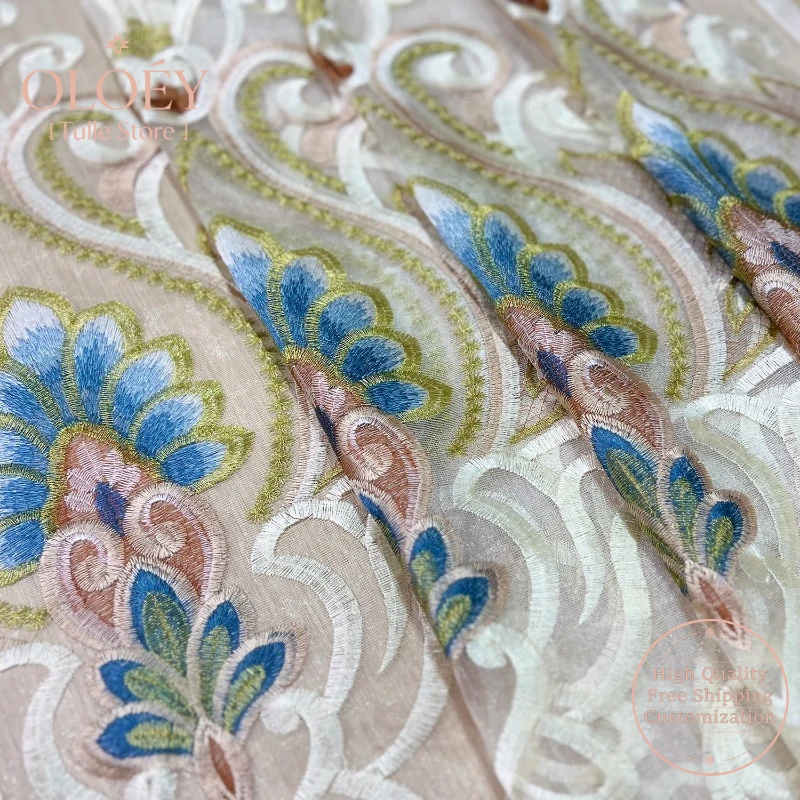 

Europe Beige Embroidery Sheer Curtain for Living Room Velvet Wave Bottom Voile Window Drape Custom Home Decoration #E