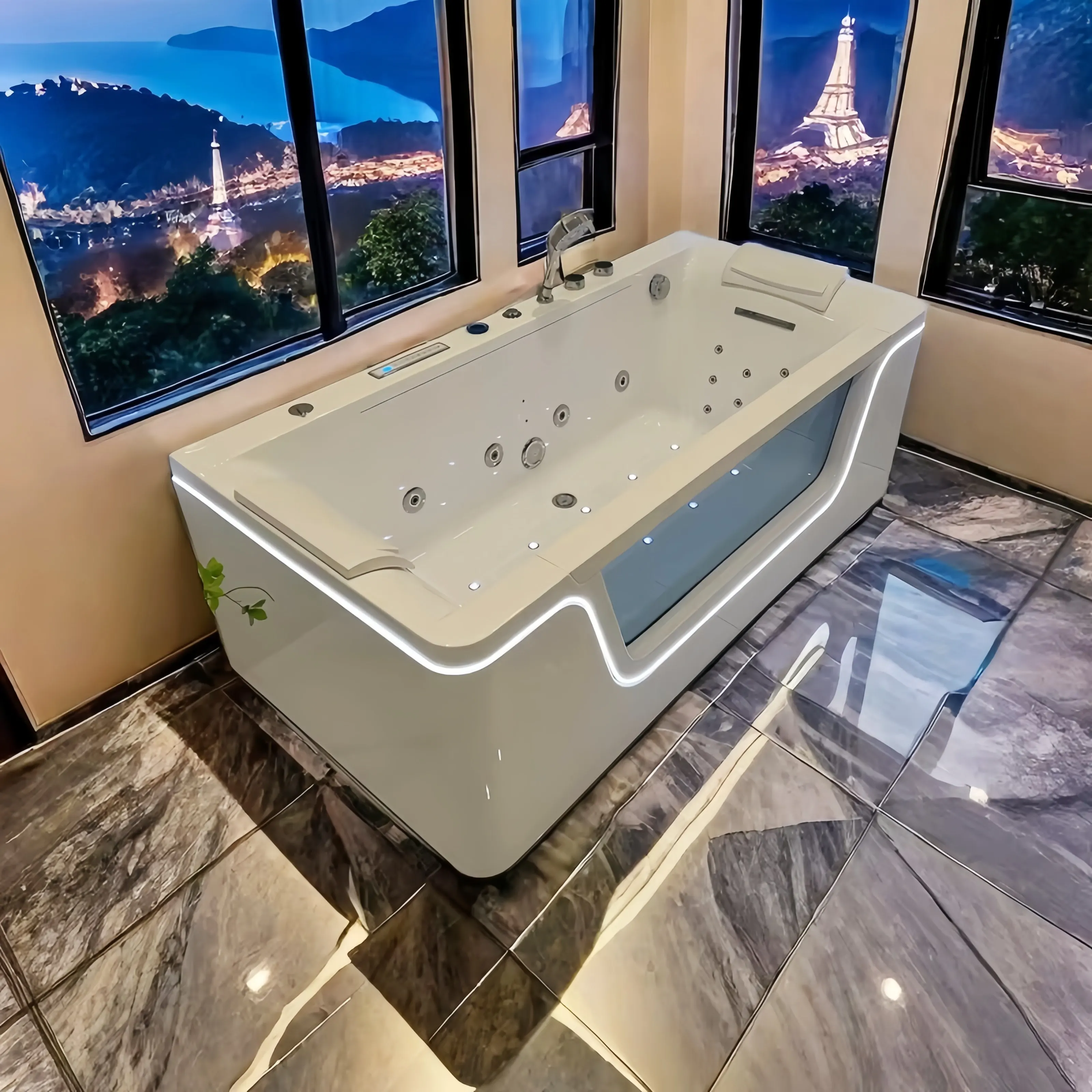 New Design Free Standing Indoor Acrylic Hydromassage Bathtub Transparent Deep Soaking Whirlpool Massage LED-lit Waterfall Hotel