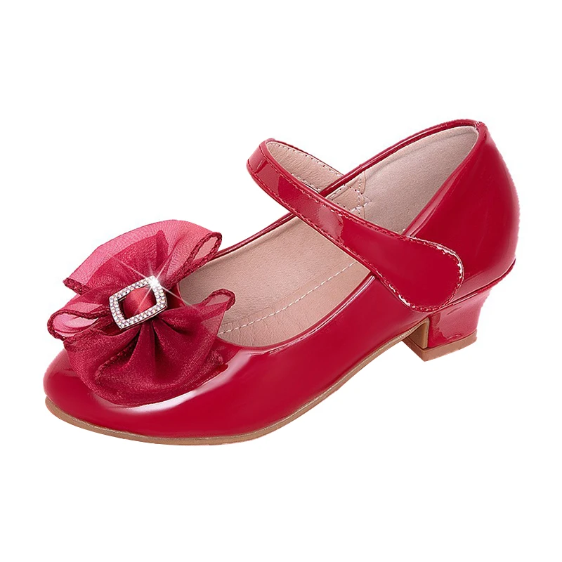 

2026 New Girls' Red Bow Princess Shoes Thick Heel Children's Shoes Fashion Kids High Heels for Stage Show Performance Party Wear