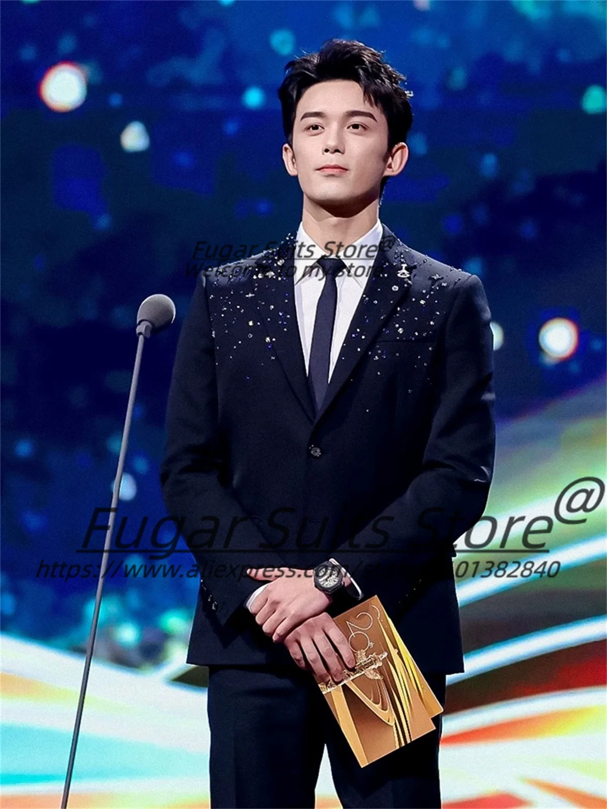 

Luxuly Shiny Crystal Black Groom Wedding Tuxedos Customized Slim Fit Notched Lapel Men Suits Formal 2 Pcs Sets Male Prom Blazers