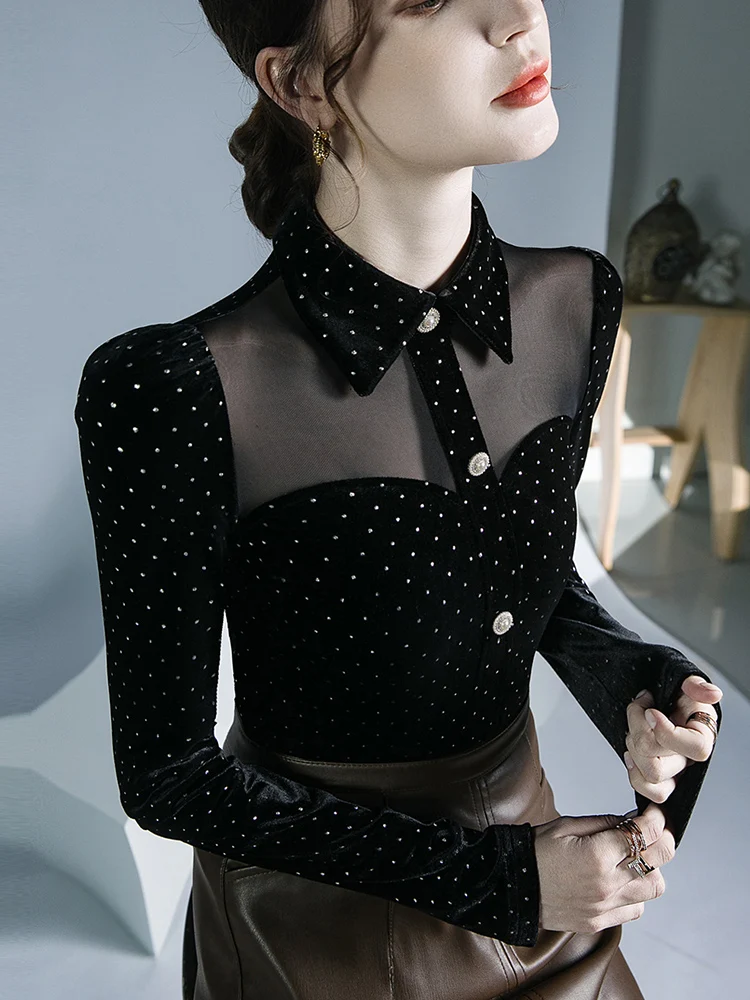 2022 nova gaze splicing perspectiva sexy camiseta preto vintage doll collar polka dot ouro veludo topo feminino outono e inverno