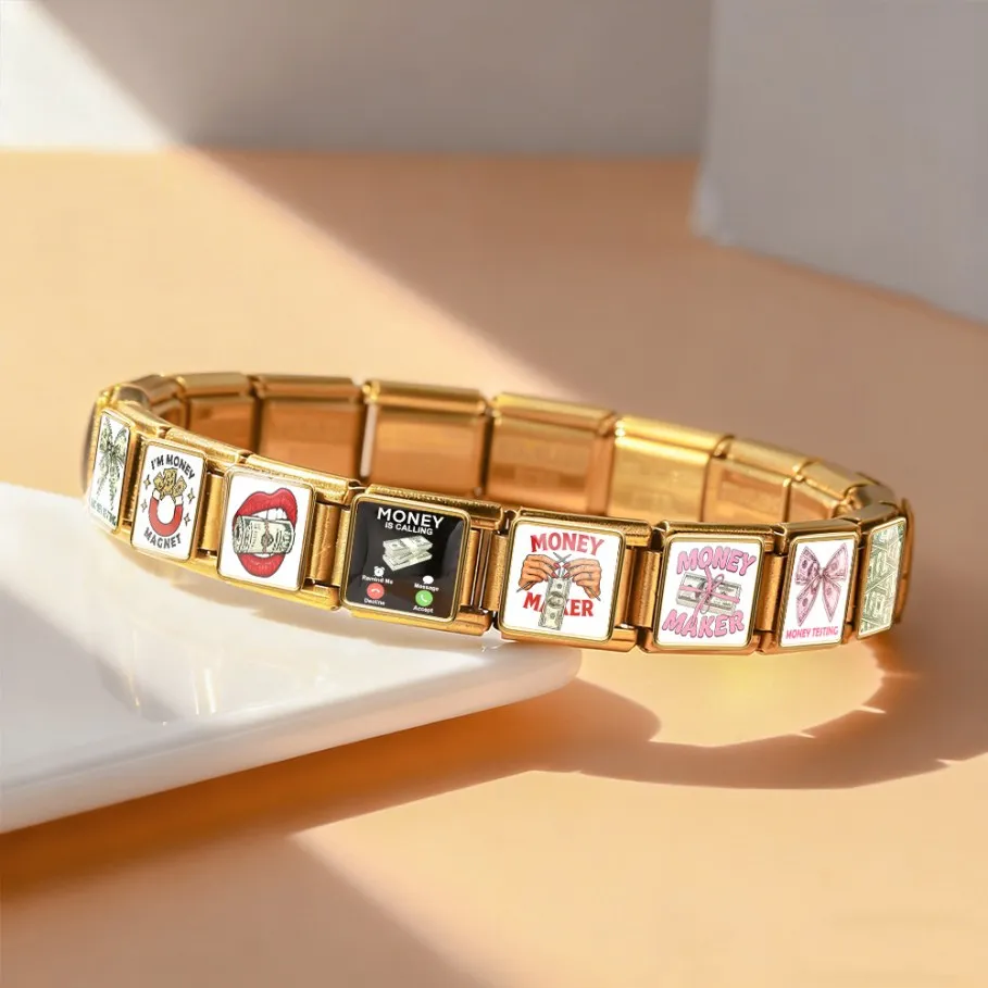 Neues modisches italienisches Charm-Armband mit Geldmotiv, 9 mm, Edelstahl, Dollar-Schleife, DIY-Perlen-Geschenk für Damen und Herren, täglich tragbar – Detail 2