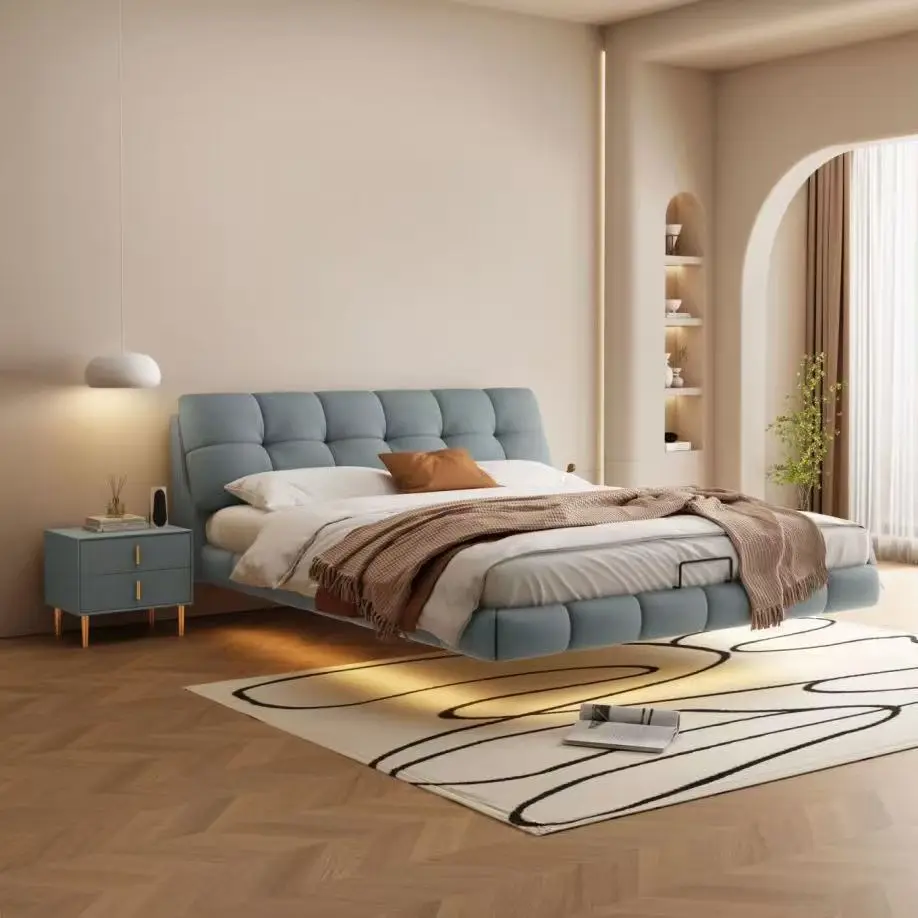 &*Latest Design Leather Floating Bed Simple Modern Italian King Size Soft Bed Leather Upholstered Bed With Night Light