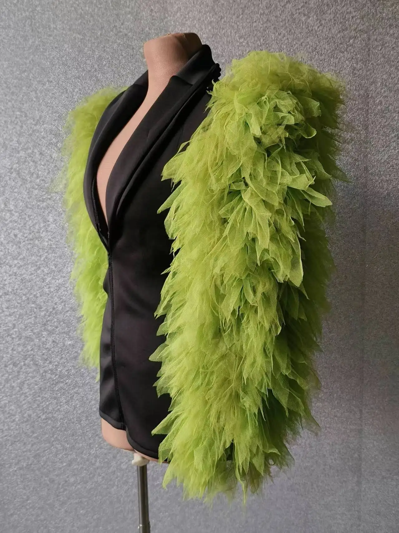 Women Big Green Mesh Sleeves Jacket Sexy Singer Dancer Dress Nightclub Jazz Dance Costume Performance Show Stage Wear Xizhuang