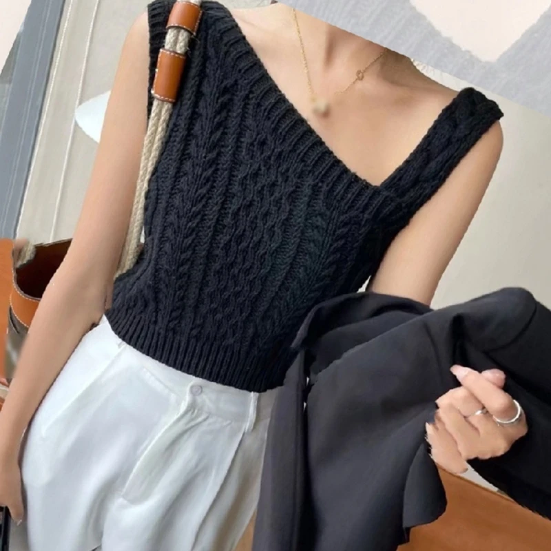 Plain Solid Color Cable Knit Crop for Tank Top Women Casual Sleeveless Swea P8DB