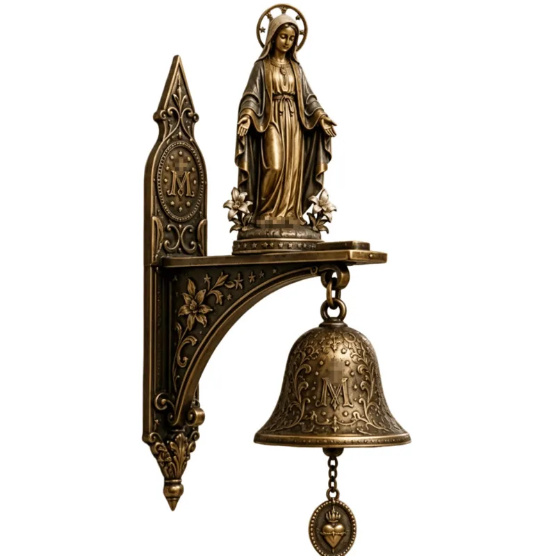 Figurine Virgin Mary Wall Mount Bell Religious Statue Hanging Church Home Decor Garden Porch Antique Bronze Catholic Gift