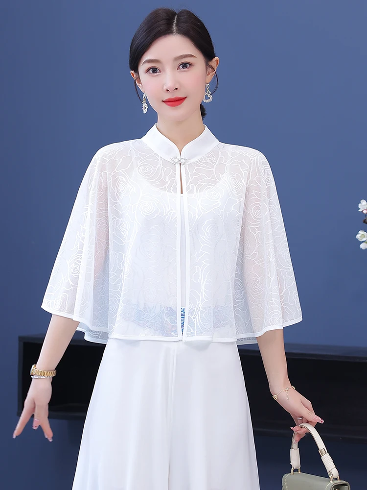 

Элегантный кружевной сетчатый кардиган-накидка для женщин, летняя высококачественная верхняя одежда, открытый кардиган с воротником-хомутом и короткими рукавами