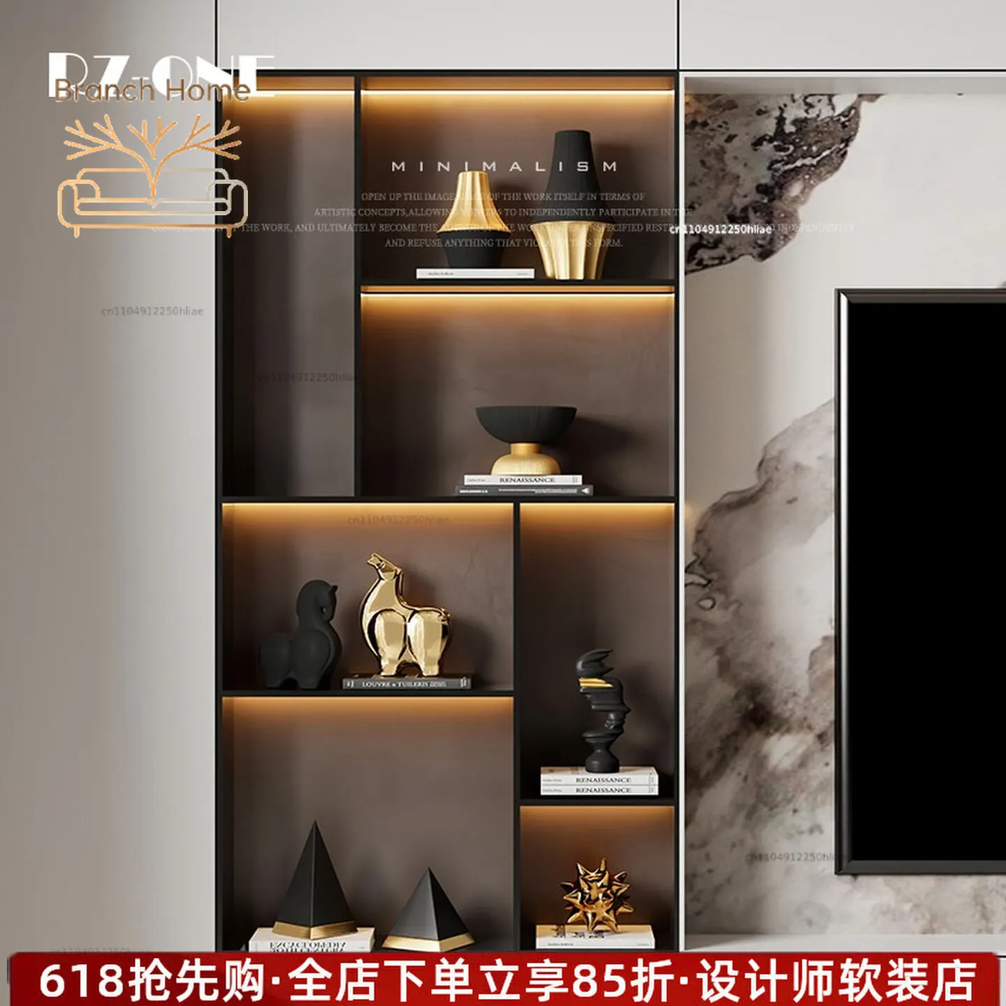 High-end luxury gold living room TV wall display cabinet ornament model room bookshelf open grid overall matching set