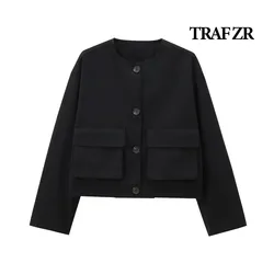 TRAF ZR Black Aviator Jackets Women Summer 2024 O-Neck Casual Coats Ladies Fashion Lady Jacket Casual New in Coats & Jackets