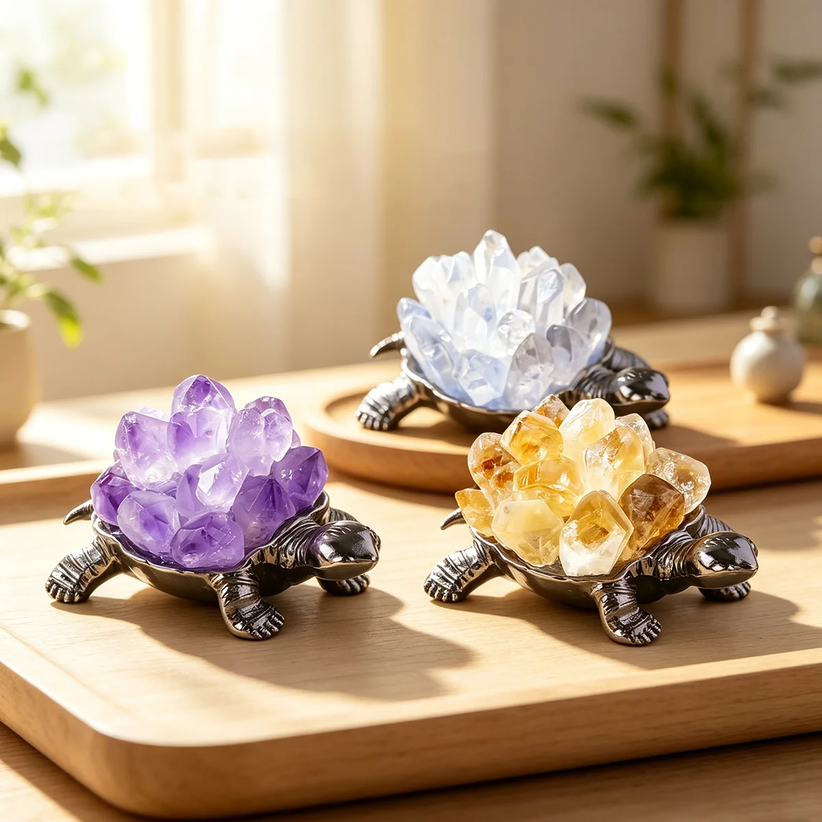 Natural Crystal Cluster Turtle Figurine,Amethyst Citrine Clear Quartz Tortoise Statue,Gold Silver Alloy Base Desktop Decor Gift
