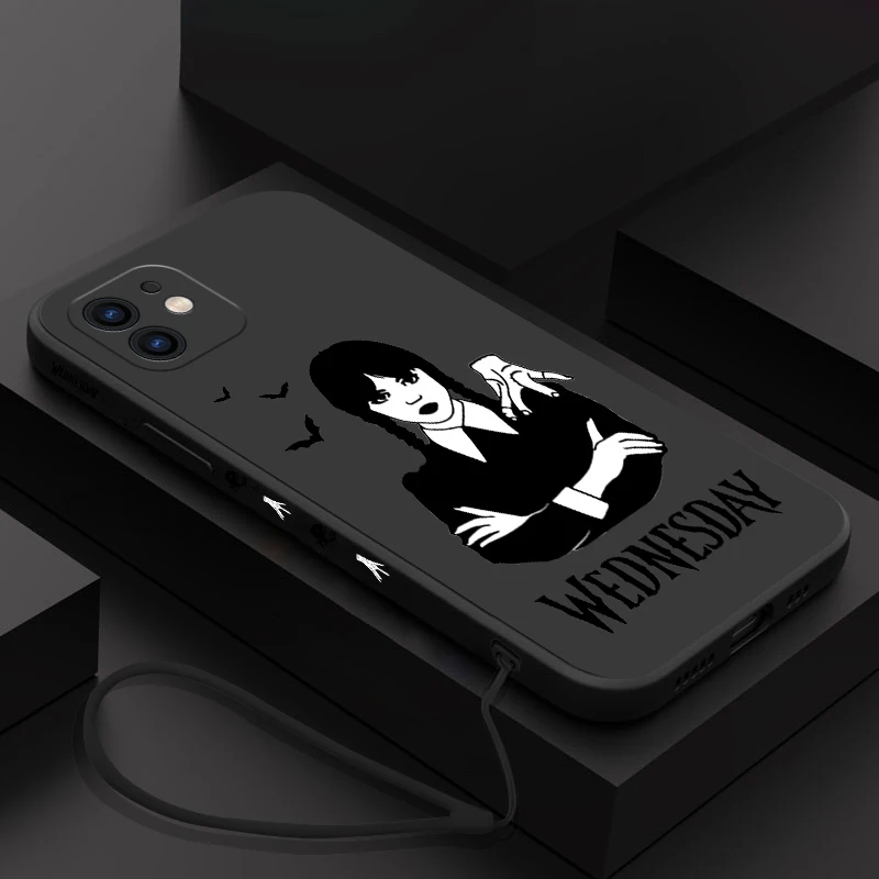 Wednesdays Addams Phone Case For iPhone 15 14 13 12 11 Pro Max Mini X XR XS MAX SE20 8 7 6S Plus Silicone Cases with Hand Strap