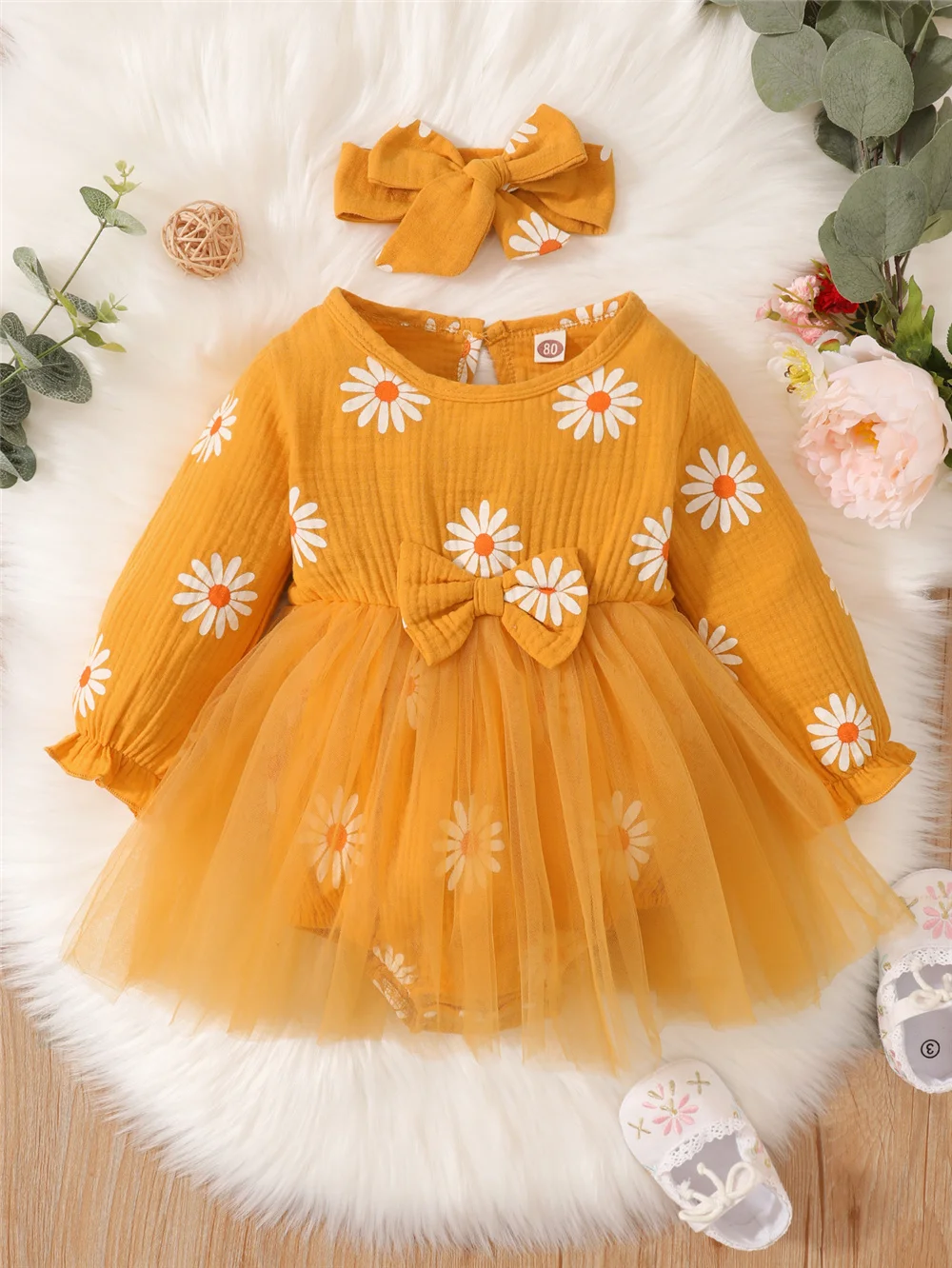 Newborn Baby Girls Cute Daisy Long Sleeves Tulle Patchwork Bodysuit Holiday Party Princess Dress for Infant Girl 0-18 Months